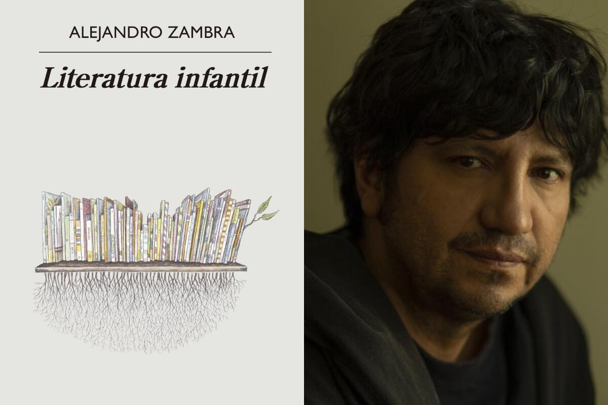 El escritor chileno Alejandro Zambra con la portada de su libro "Literatura infantil" (Foto: Angrama / EFE)