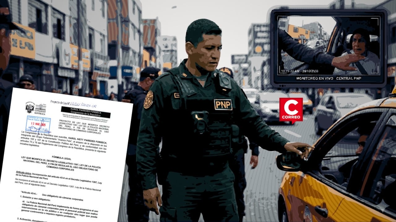 Congreso aprueba dictamen para uso de cámaras corporales en la PNP: será obligatorio en intervenciones. Composición: Diario Correo.