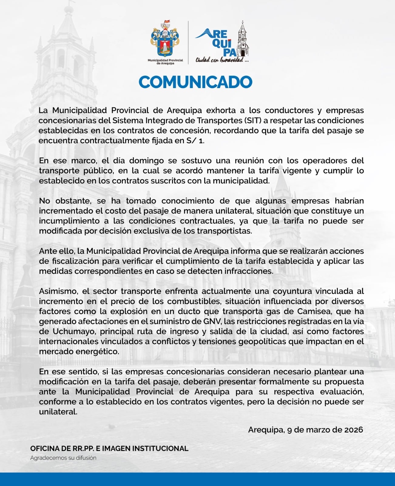 Comunicado de la Municipalidad de Arequipa por el cual advierte a transportistas del SIT la fiscalización (Foto: MPA)