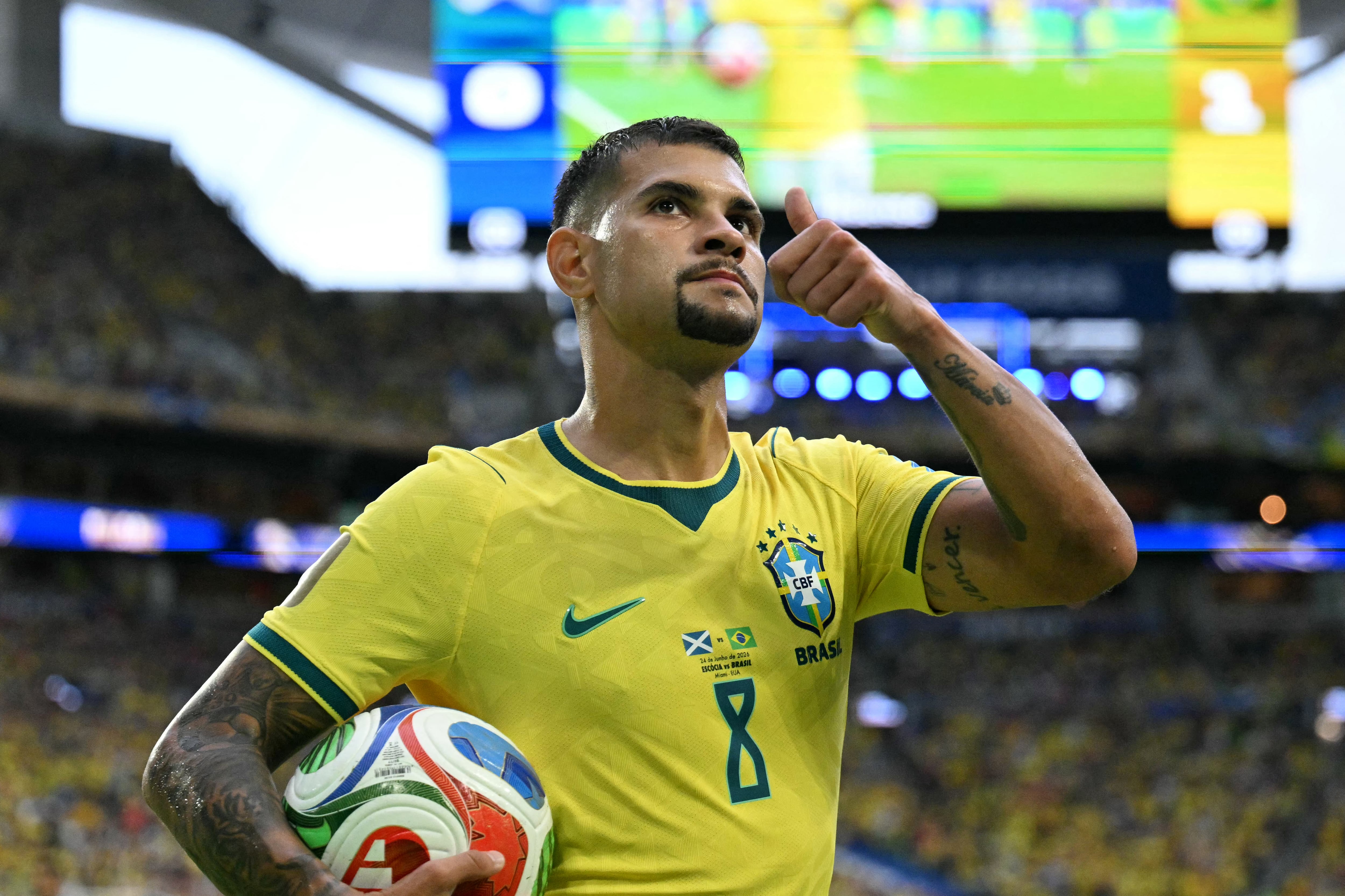 Brazil's midfielder #08 Bruno Guimaraes gestures during the 2026 World Cup Group C football match between Scotland and Brazil at the Miami Stadium in Miami Gardens on June 24, 2026. (Photo by CHANDAN KHANNA / AFP)
