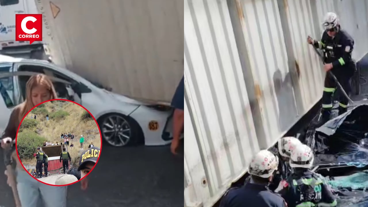 Los autos quedaron aplastados bajo el contenedor cargado con naranjas. Equipos de rescate trabajaron para liberar a los ocupantes atrapados.