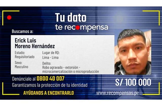 Ministerio del Interior ofrece S/ 100 mil soles por información del 'Mounstro'.