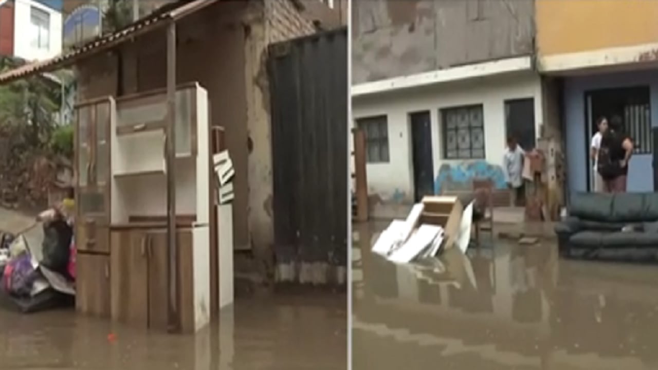 Residentes utilizaron baldes para controlar el ingreso del agua y cuestionaron la demora en la atención de la emergencia. (Fotos: Captura América Noticias)