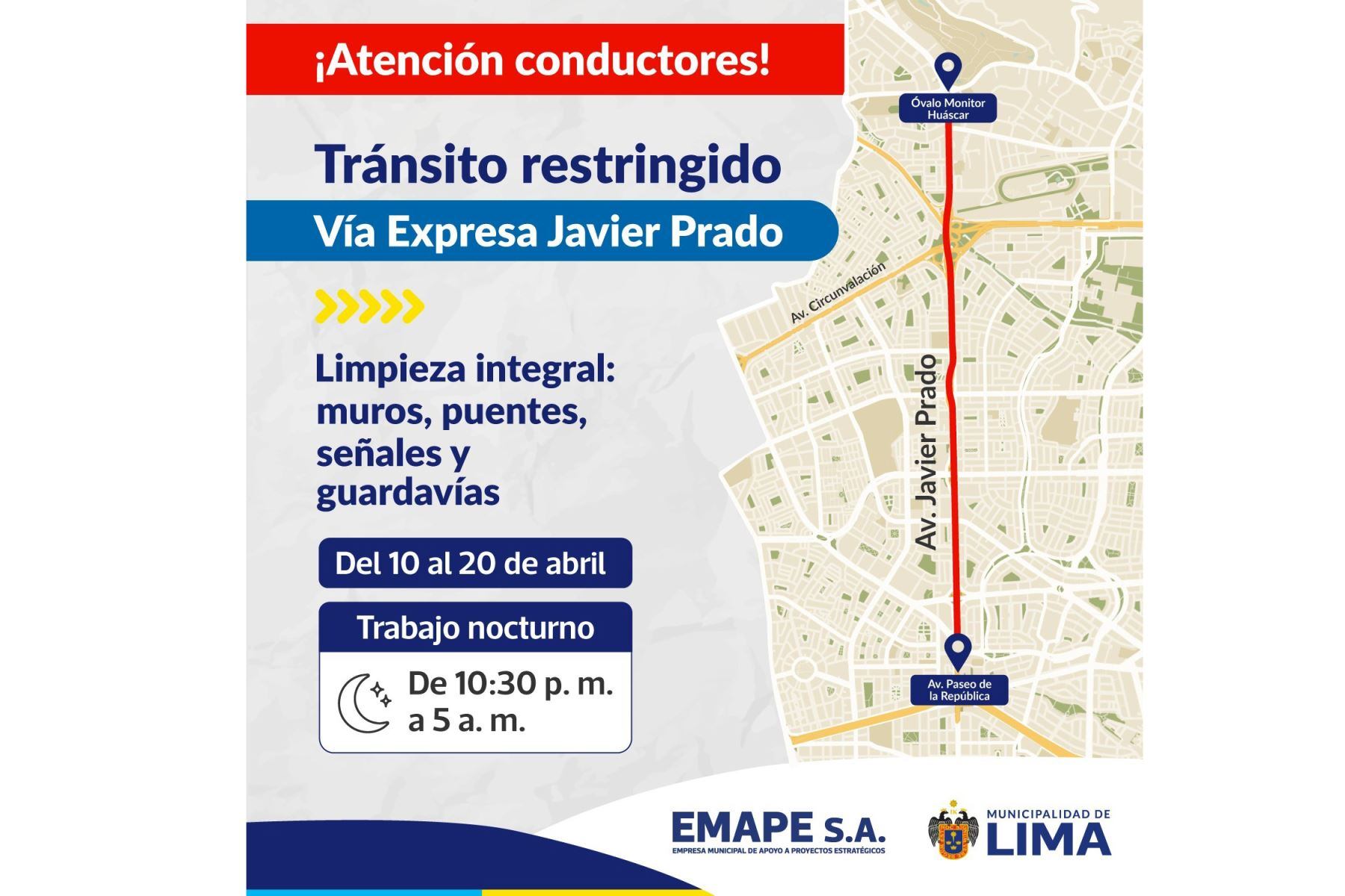 Restringirán el tránsito de vehículos en la Vía Expresa Javier Prado desde hoy.