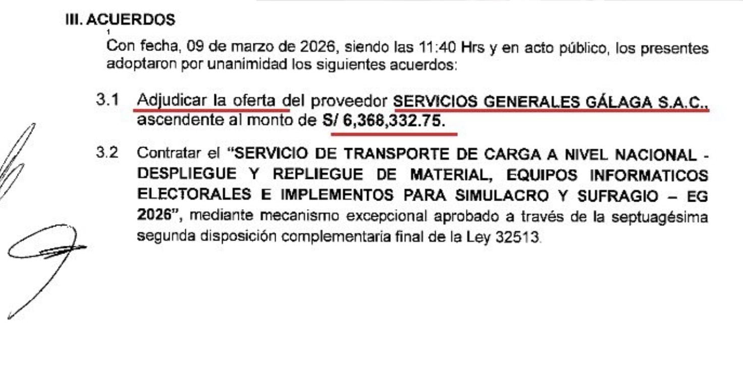 Esta es la adjudicación que hizo la ONPE a la empresa Galaga el pasado 9 de marzo.