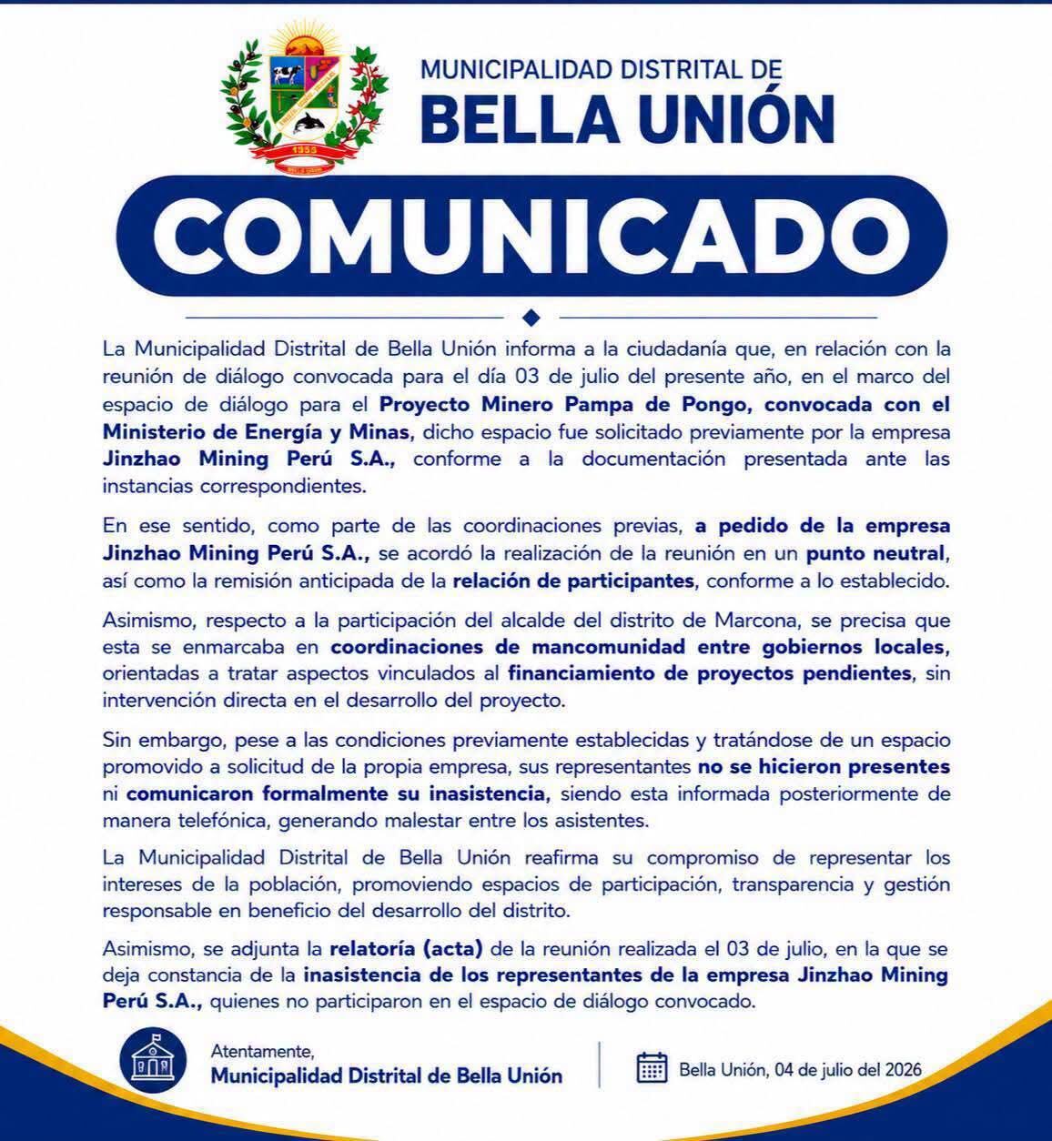Municipalidad Distratal de Bella Unión emitió comunicado por ausencia de empresa a la reunión del proeycto Pampa de Pongo