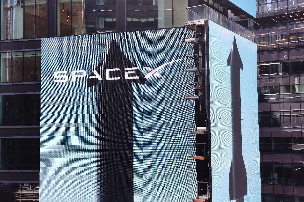 SpaceX signage during the closing bell ceremony at the Nasdaq MarketSite in New York last Friday.