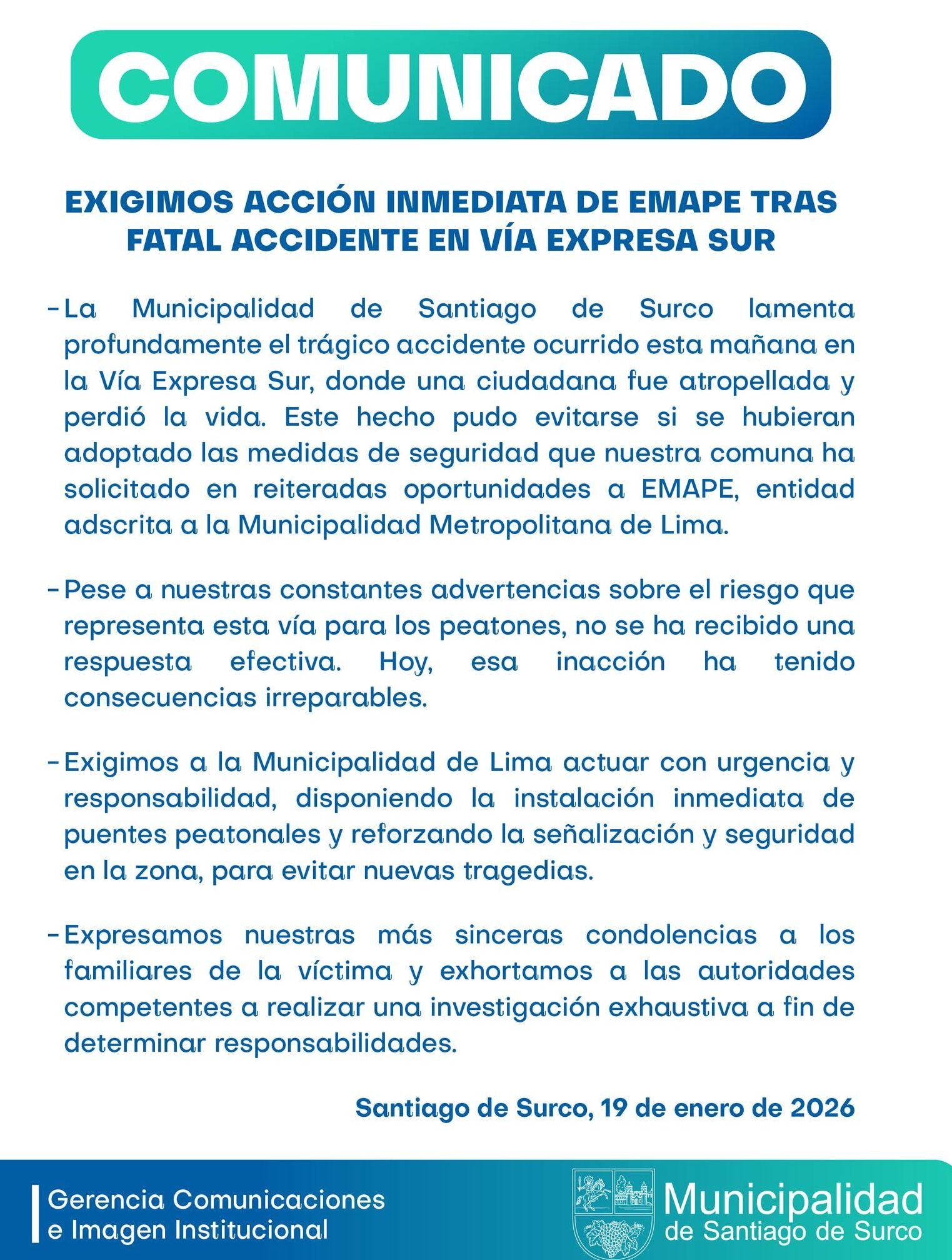 Comunicado de la Municipalidad de Santiago de Surco
