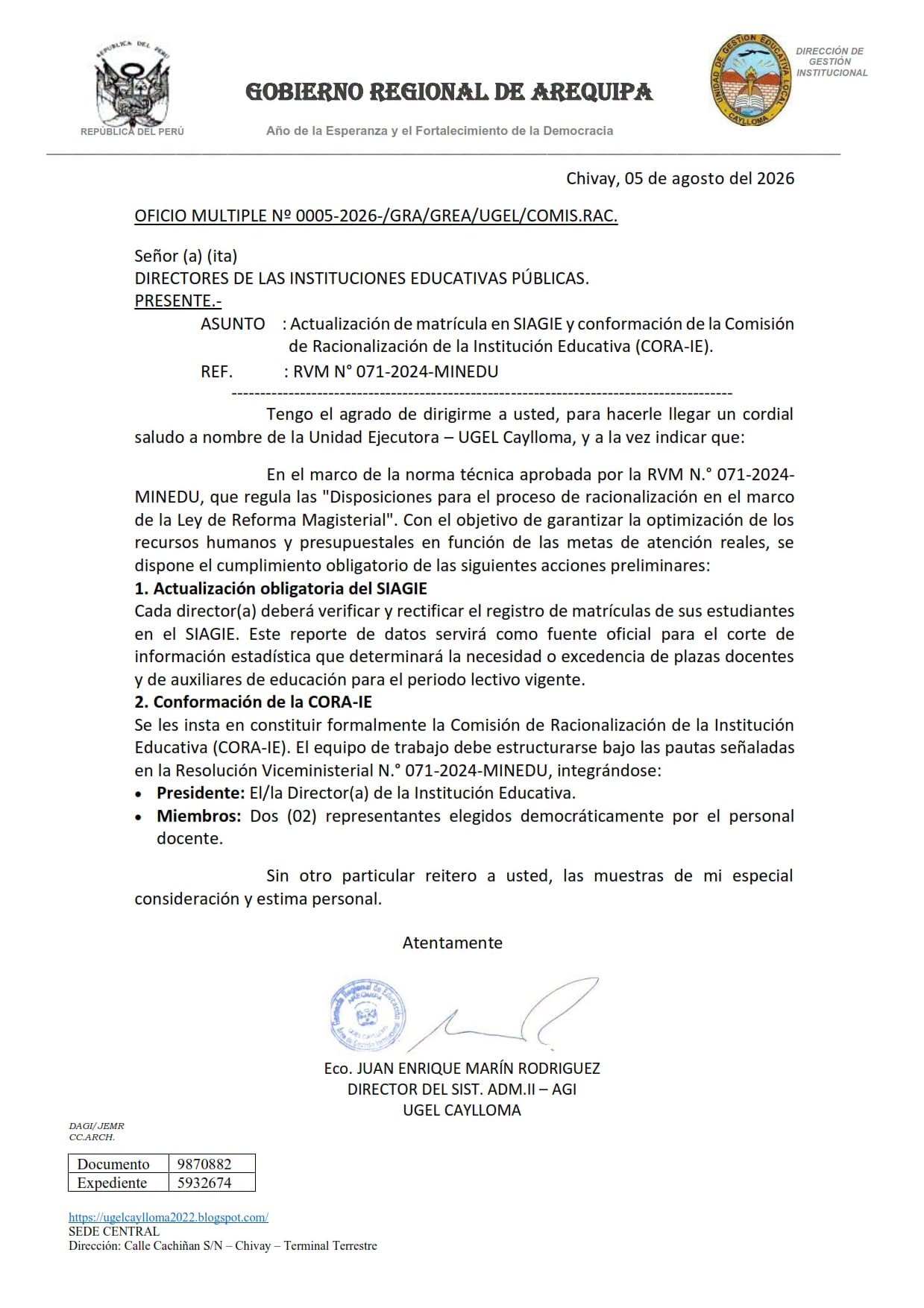 Oficio Múltiple de la Gerencia Regional de Educación (Fuente: UGEL Caylloma)
