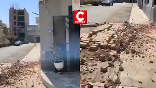 Pared cae tras sismo en Ica y casi aplasta a peatones en la calle Raúl Boza (VIDEO)