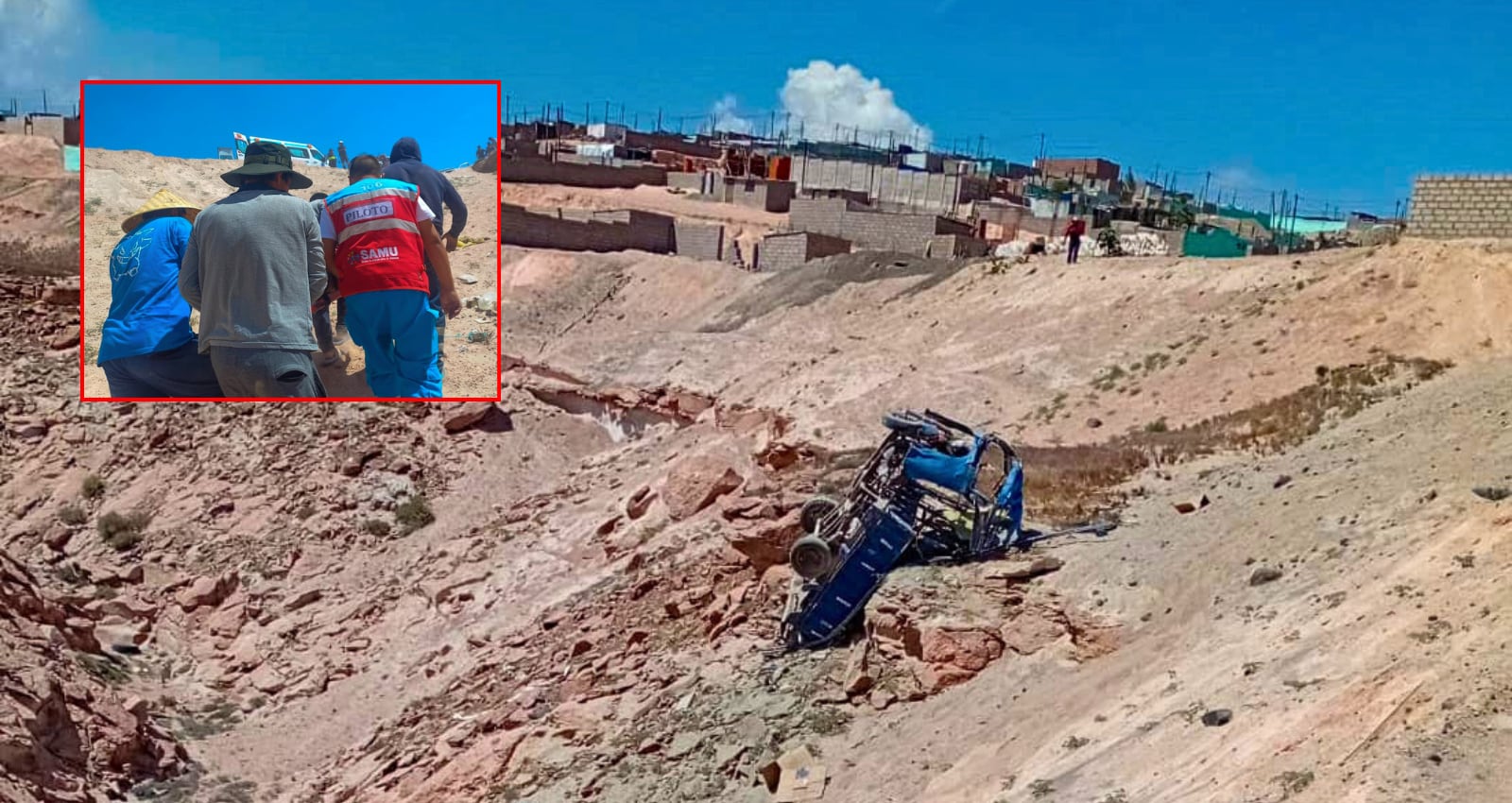 Familia cae a barranco ubicado en un costado de la vía de ingreso a la asociación Los Paltos, en Yura. Foto: SAMU
