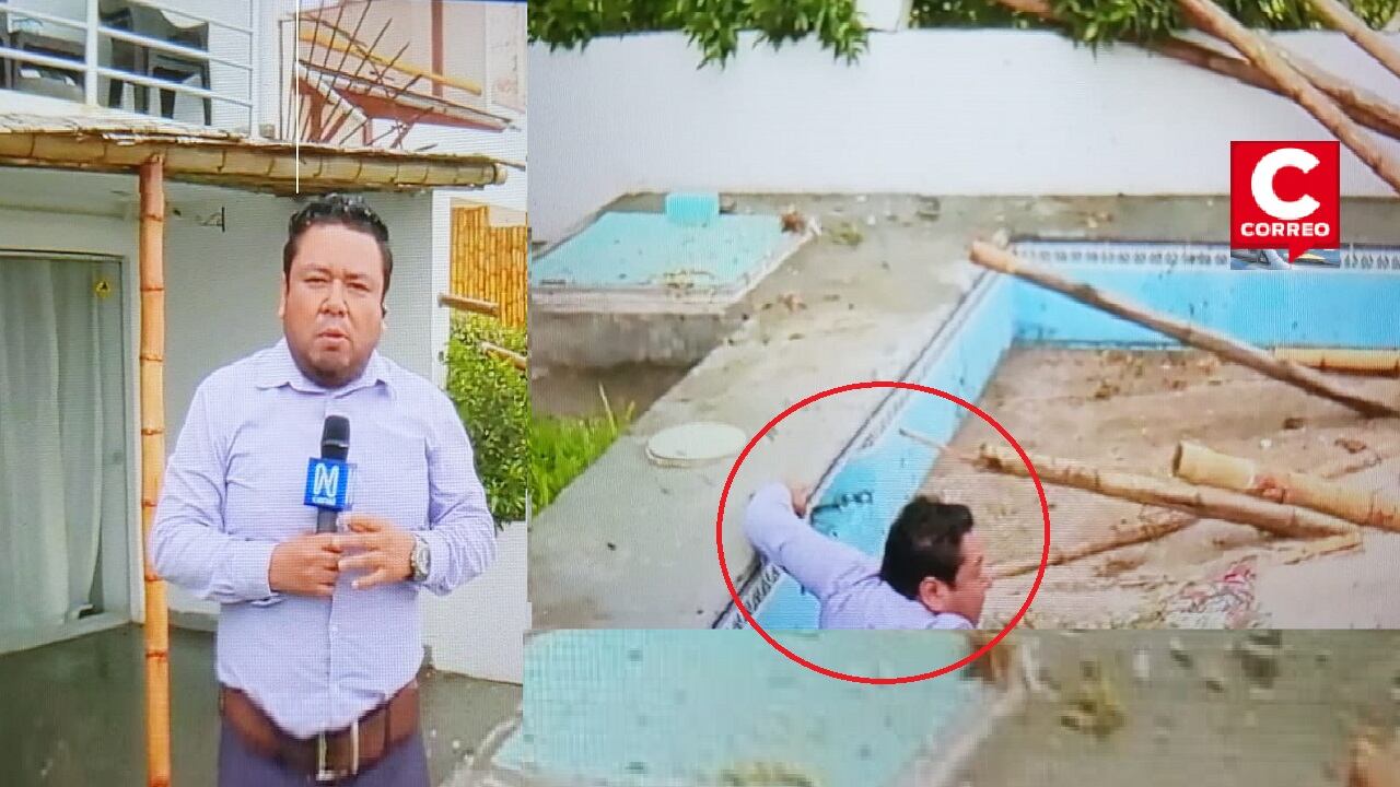 Reportero cayó al interior de la piscina de la exalcaldesa de Lima. (Captura: Canal N)