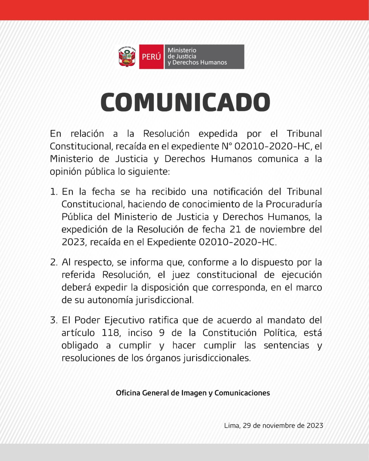 Comunicado del Ministerio de Justicia. (Foto: Minjusdh)
