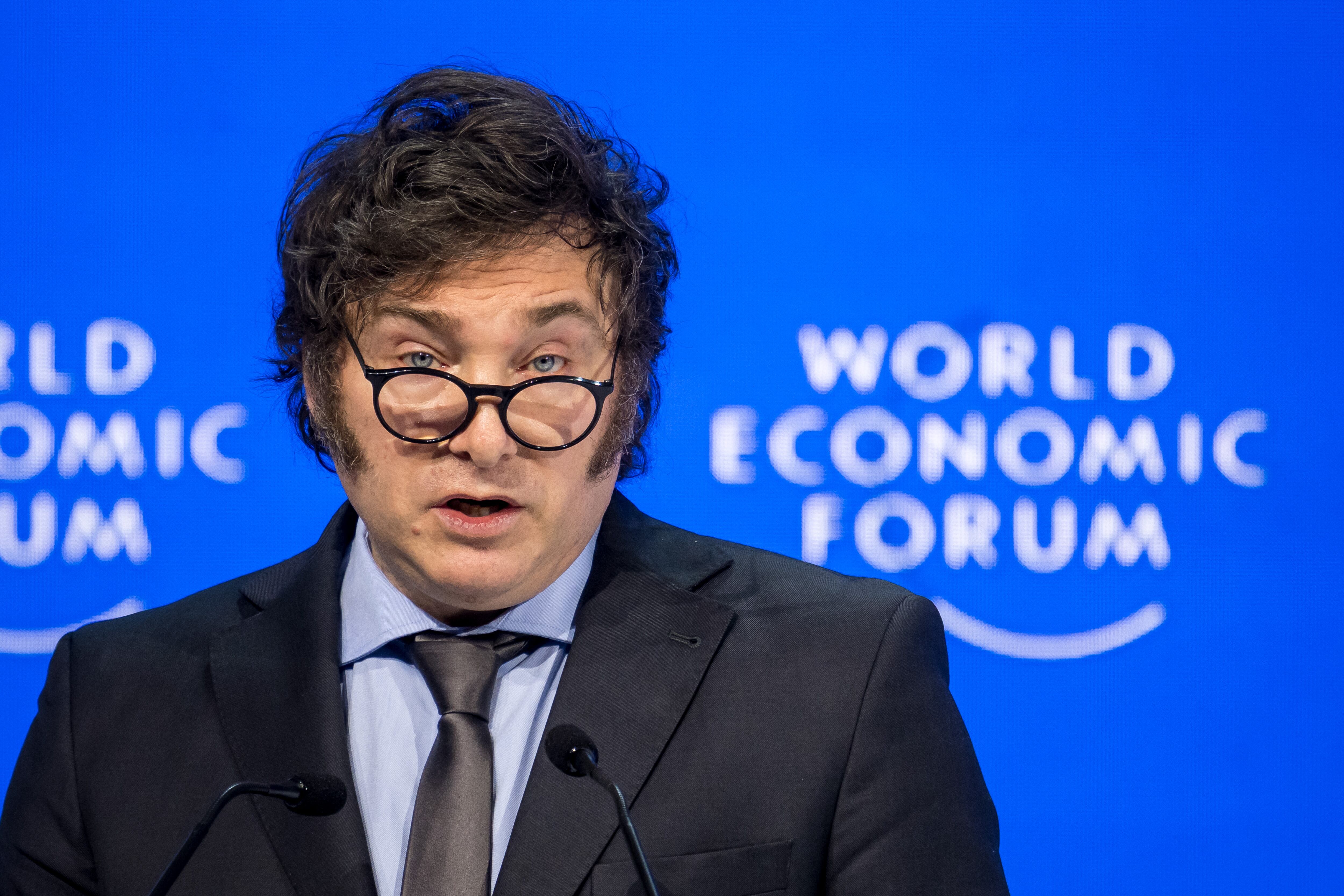El presidente de Argentina, Javier Milei, pronuncia un discurso en la reunión del Foro Económico Mundial (FEM) en Davos el 17 de enero de 2024. (Foto de Fabrice COFFRINI / AFP)