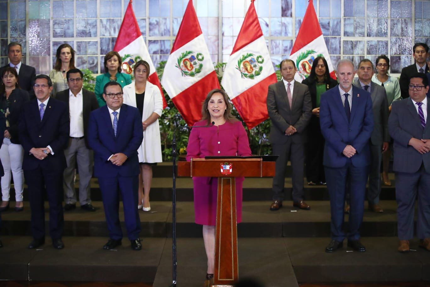 La presidenta Dina Boluarte dio pronunciamiento junto a todos los integrantes de su Gabinete Ministerial. (Foto: EC)