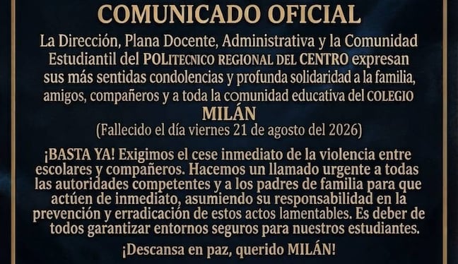 Politécnico Regional del Centro exige el cese de la violencia escolar tras la muerte del estudiante Milán