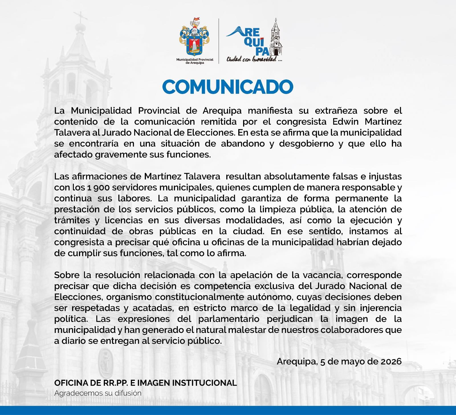 Municipalidad de Arequipa niega desgobierno por vacancia del alcalde