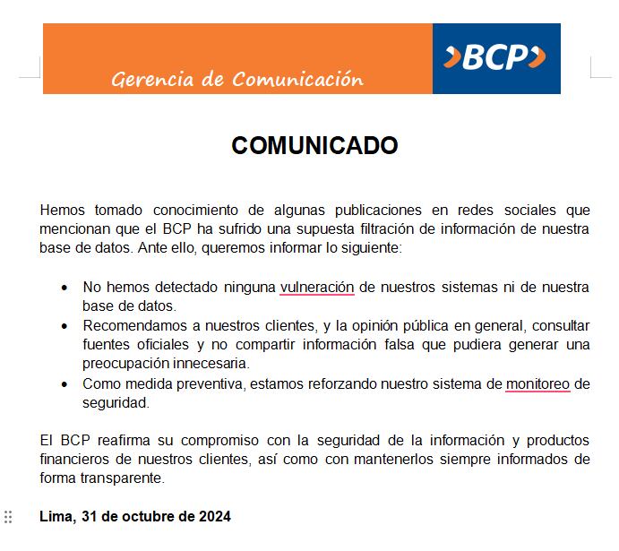 Comunicado del BCP.