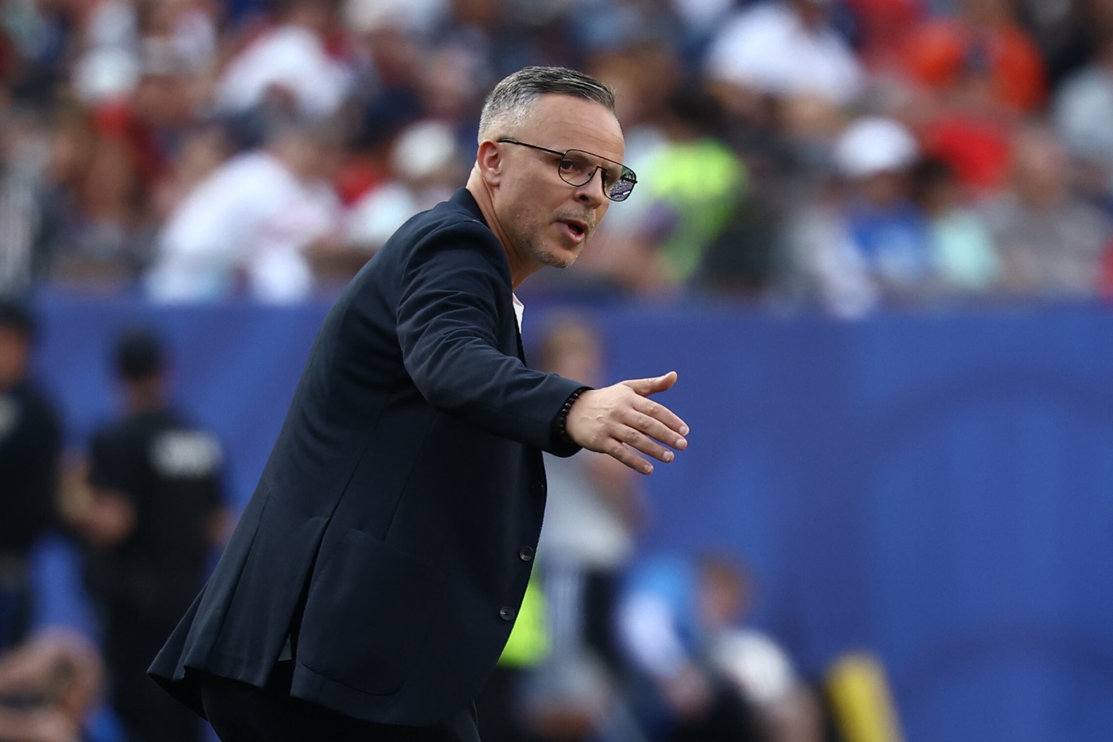 Morocco's head coach Mohamed Ouahbi gestures during the 2026 World Cup football tournament quarter-final match between France and Morocco at Boston Stadium in Foxborough on July 9, 2026. (Photo by CHARLY TRIBALLEAU / AFP)