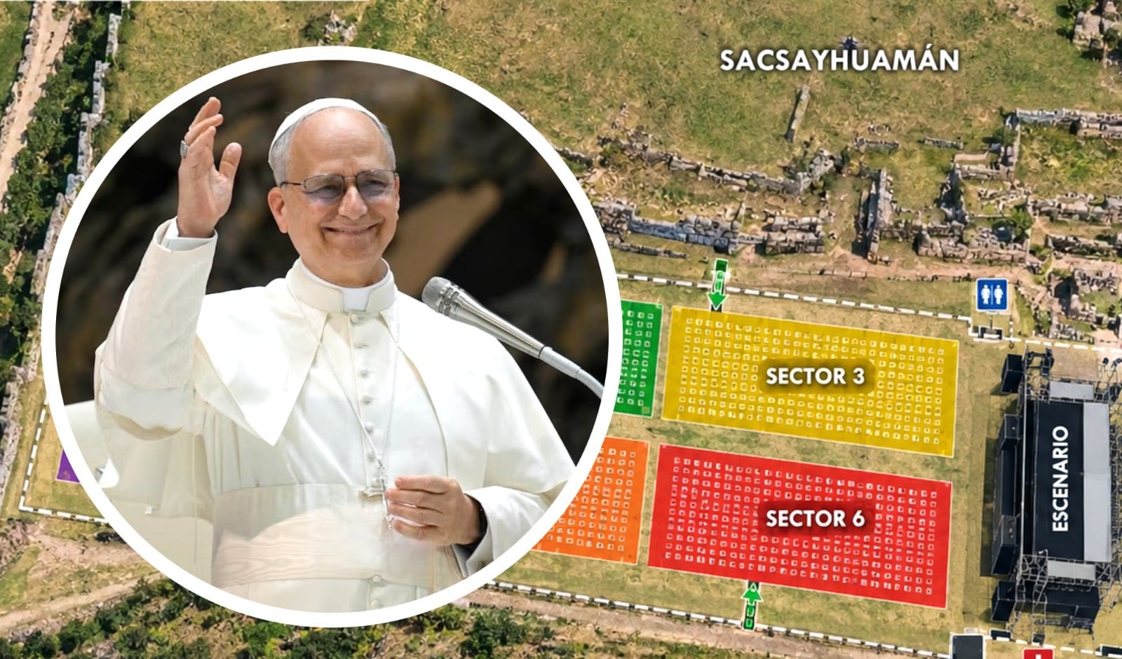 Revisa cómo se distribuirá el aforo en Sacsayhuamán, donde también se instalará un helipuerto para facilitar la salida del ‘Papacóptero’ en caso de una contingencia.