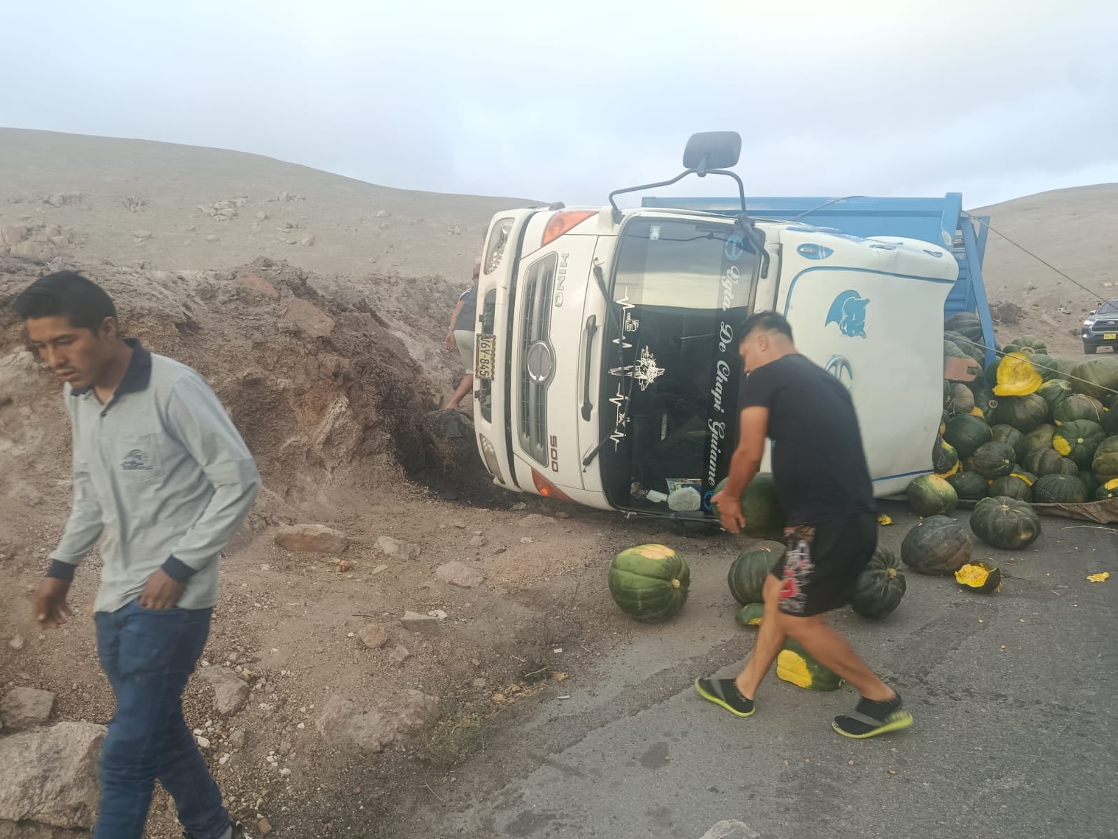 Camión terminó recostado a un costado de la carretera. Foto: PNP.