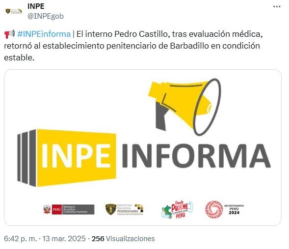 INPE informó que Pedro Castillo fue recluido nuevamente en el penal de Barbadillo.