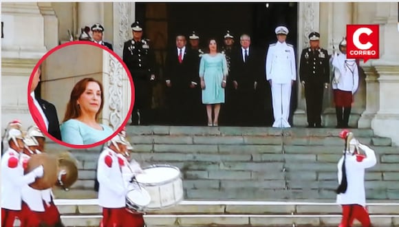 La presidenta Dina Boluarte reapareció este domingo durante el cambio de guardia en el Palacio de Gobierno. (Captura: Latina Tv)