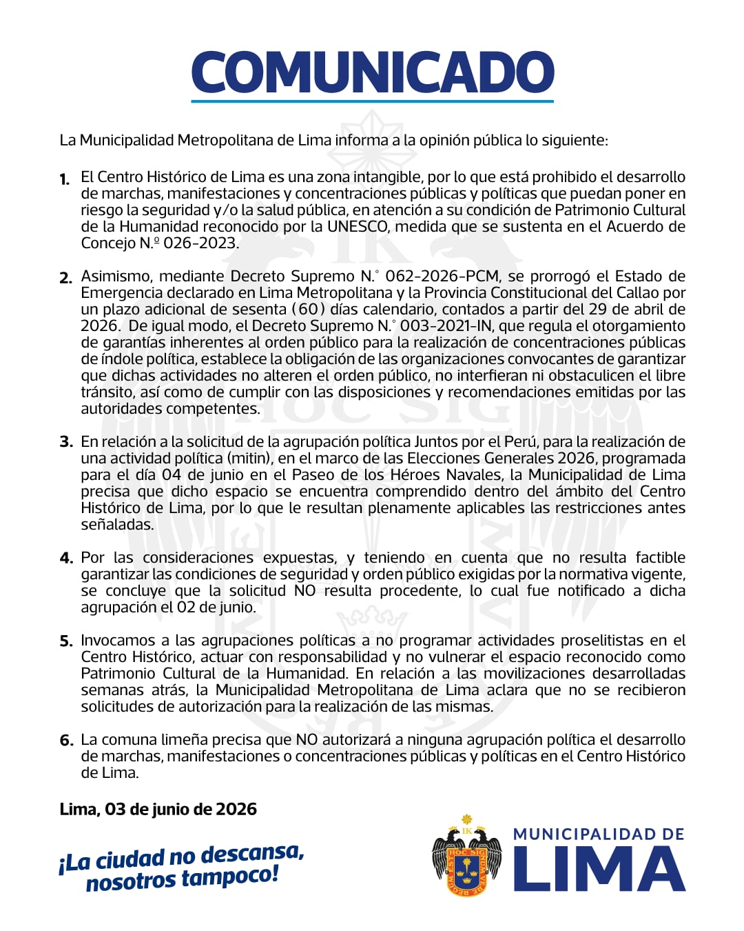 Comunicado de la Municipalidad de Lima.