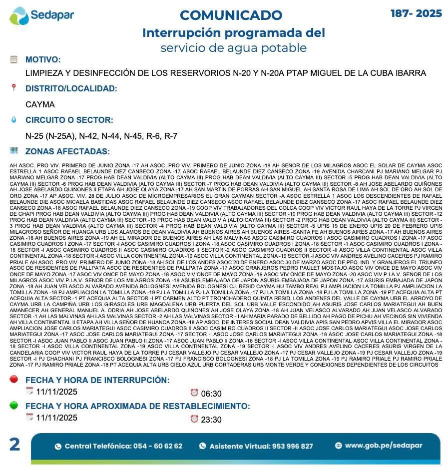 Corte de agua en 8 distritos de Arequipa.