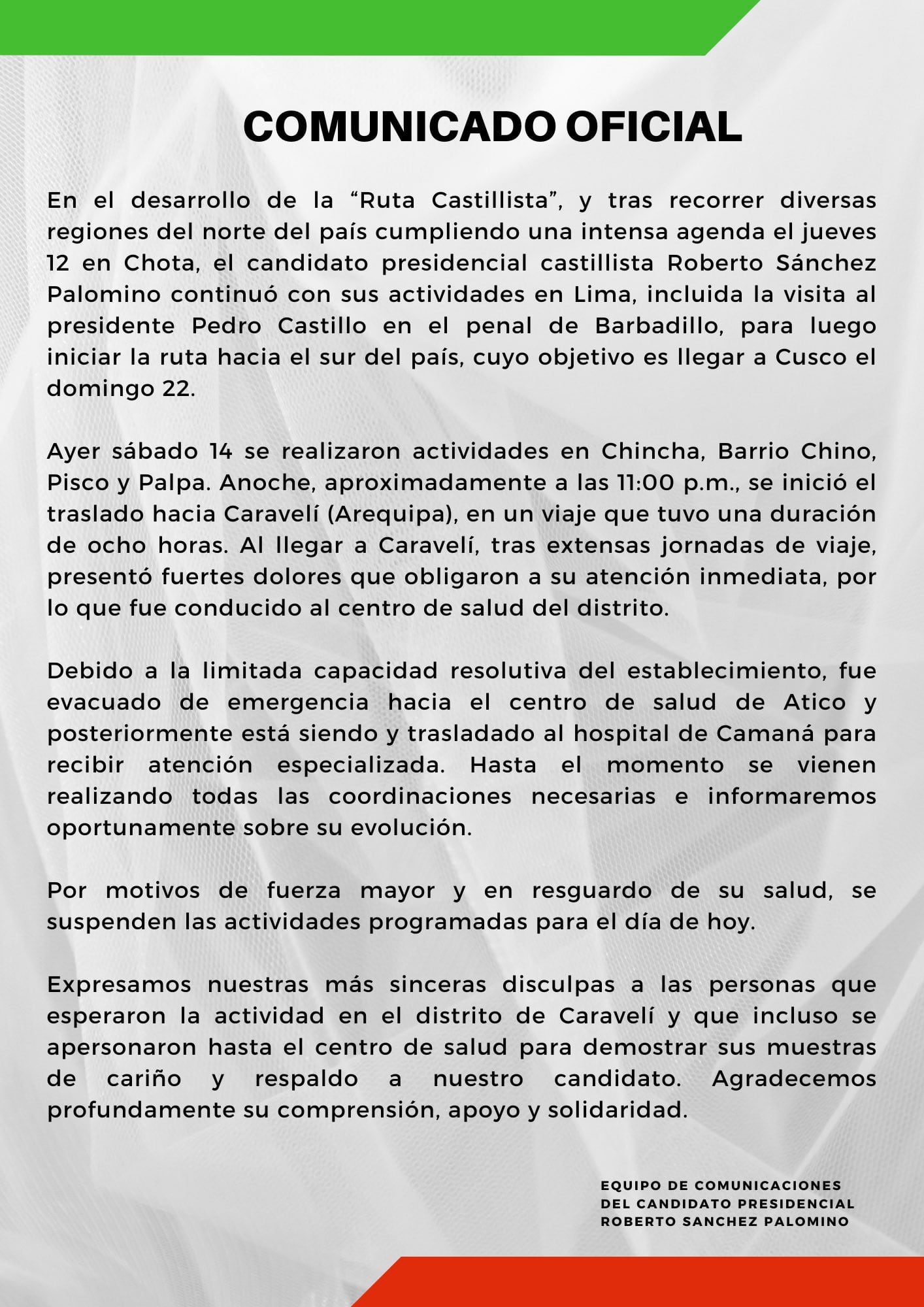 Comunicado de Roberto Sánchez.