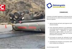 Osinergmin: Cisterna volcada en la Carretera Central no cuenta con autorización vigente