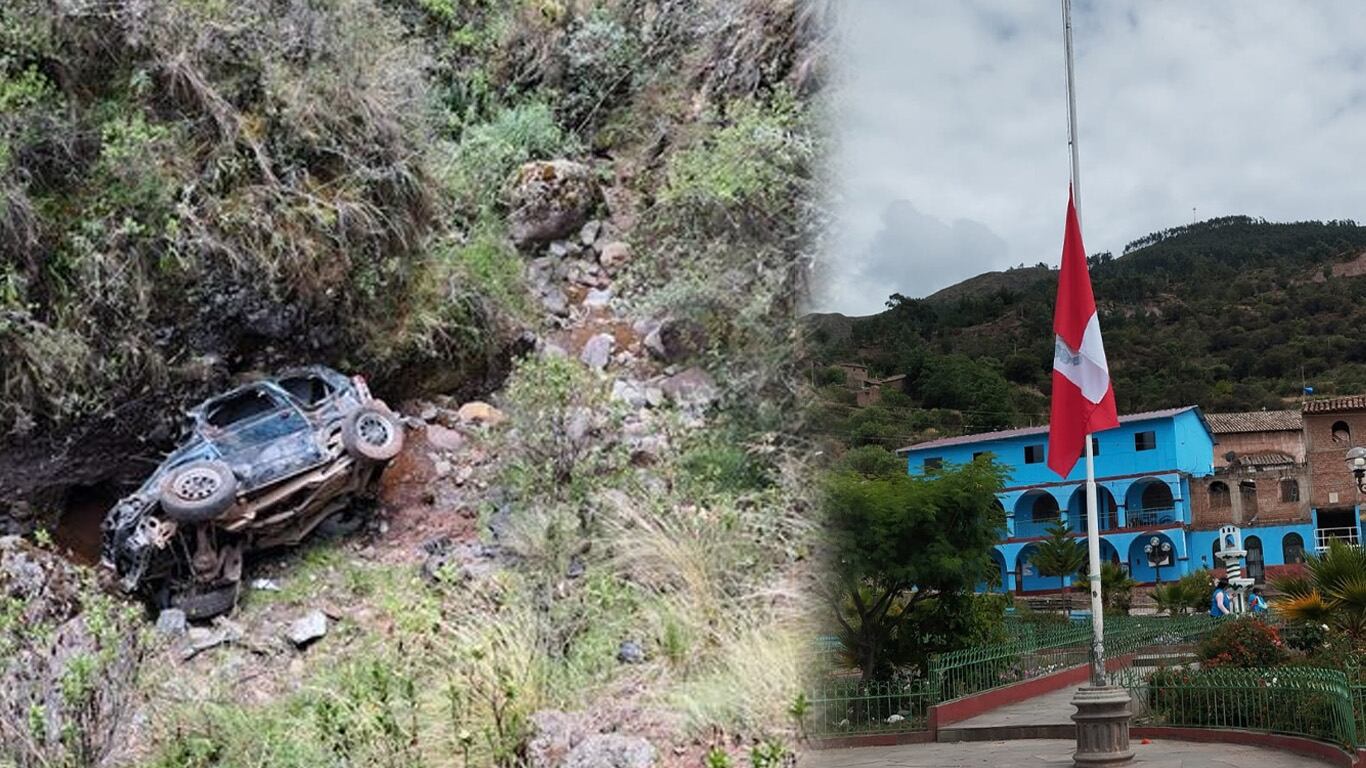 Despiste de vehículo donde viajaban las víctimas mortales y bandera de la municipalidad a media asta en señal de duelo.