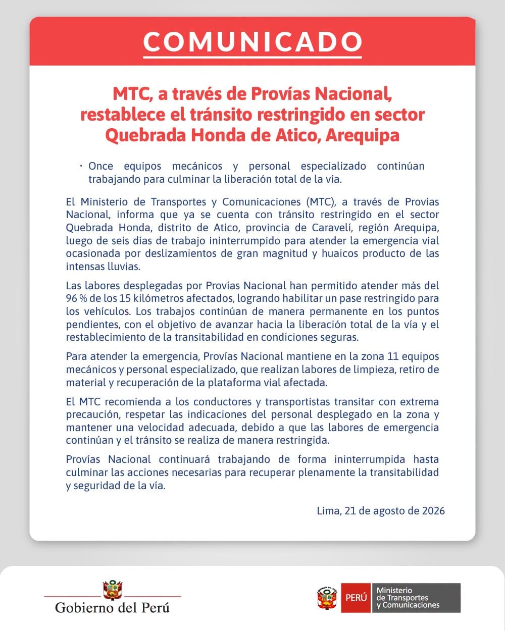Comunicado del MTC sobre tránsito restringido en la Panamericana Sur, en Arequipa.