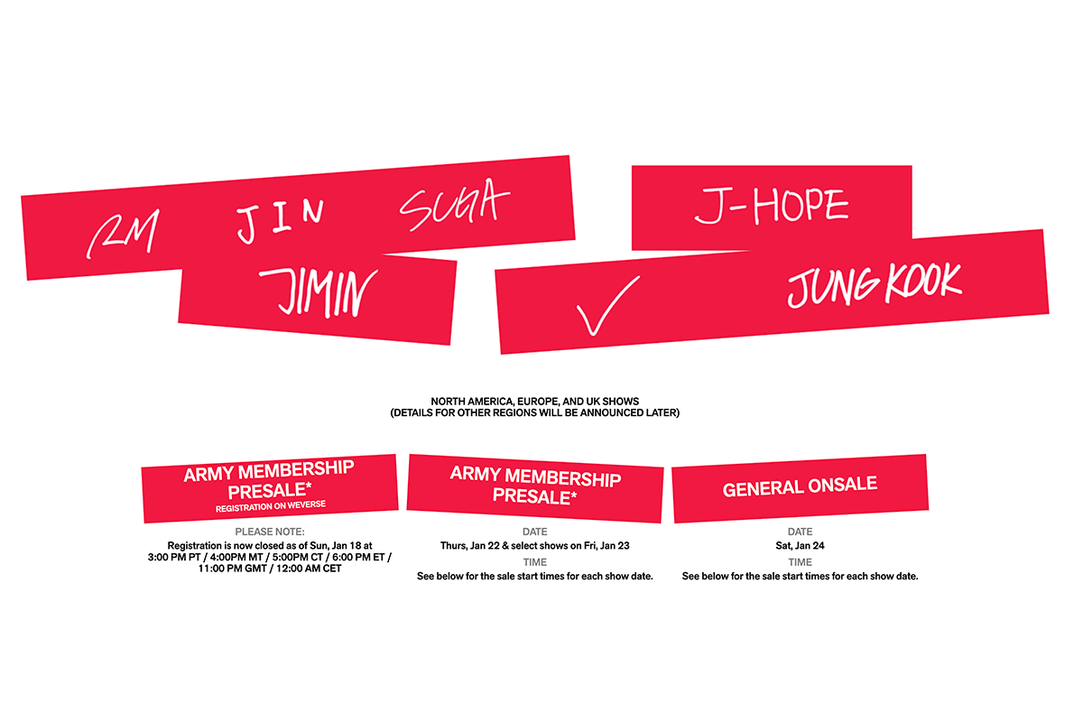 Fechas para las preventas y venta de entradas a los conciertos globales de BTS. (Foto: Captura BTS Official)