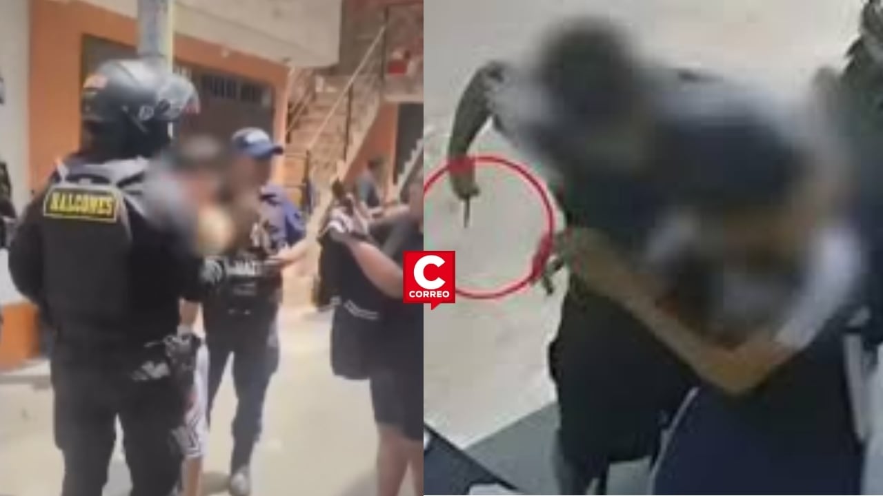 PNP detiene a dos menores acusados de asaltar a escolar mientras comía salchipapa en Los Olivos. Composición: Diario Correo.