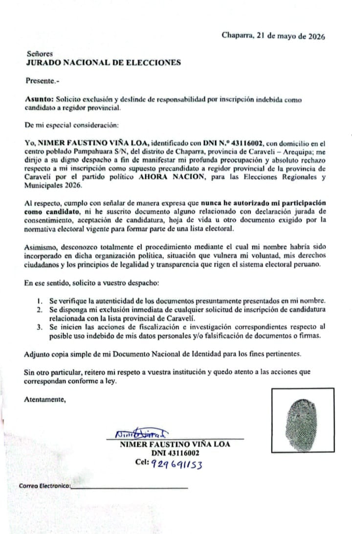 Nimer Fausitono Viña Loa solicitó al Jurado la exclusión de la candidatura del partido político Ahora Nación, encabezada por el alcalde Chaparra