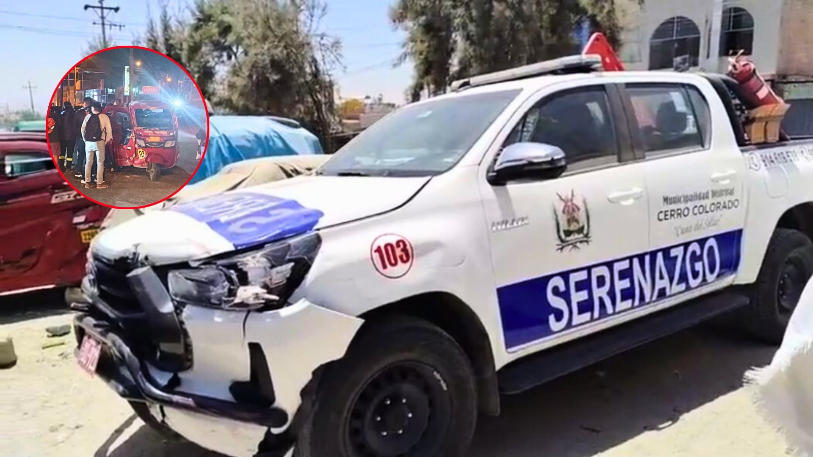 Choque entre patrullero y mototaxi deja cuatro heridos y un sereno detenido. Foto: Composición GEC.