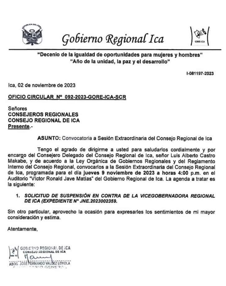 Esta es la citación que convoca a una sesión extraordinaria para votar la suspensión de la vicegobernadora.