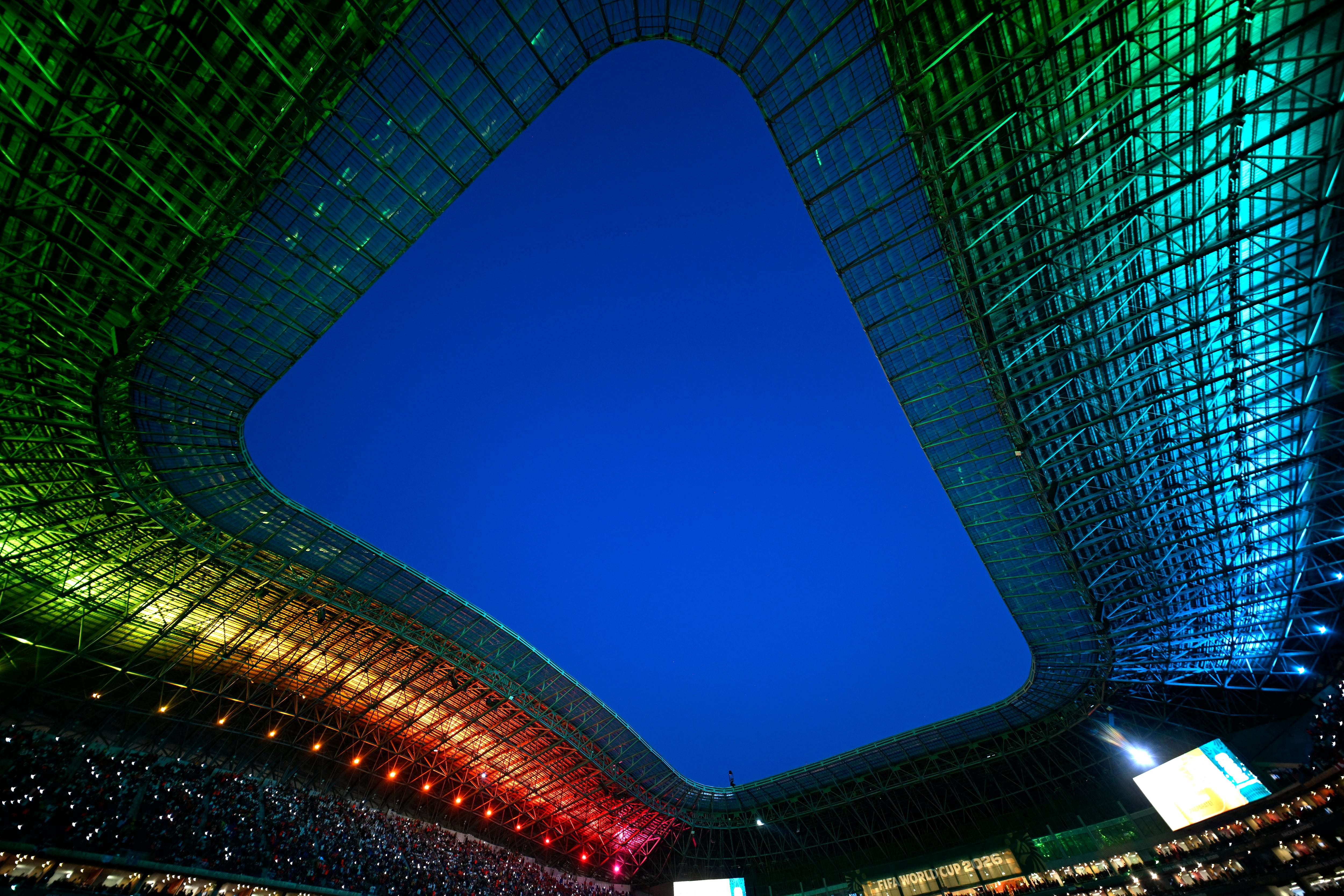 This view shows the stadium lights during the 2026 World Cup round of 32 football match between the Netherlands and Morocco at the Monterrey Stadium in Guadalupe on June 29, 2026. (Photo by Alfredo ESTRELLA / AFP)