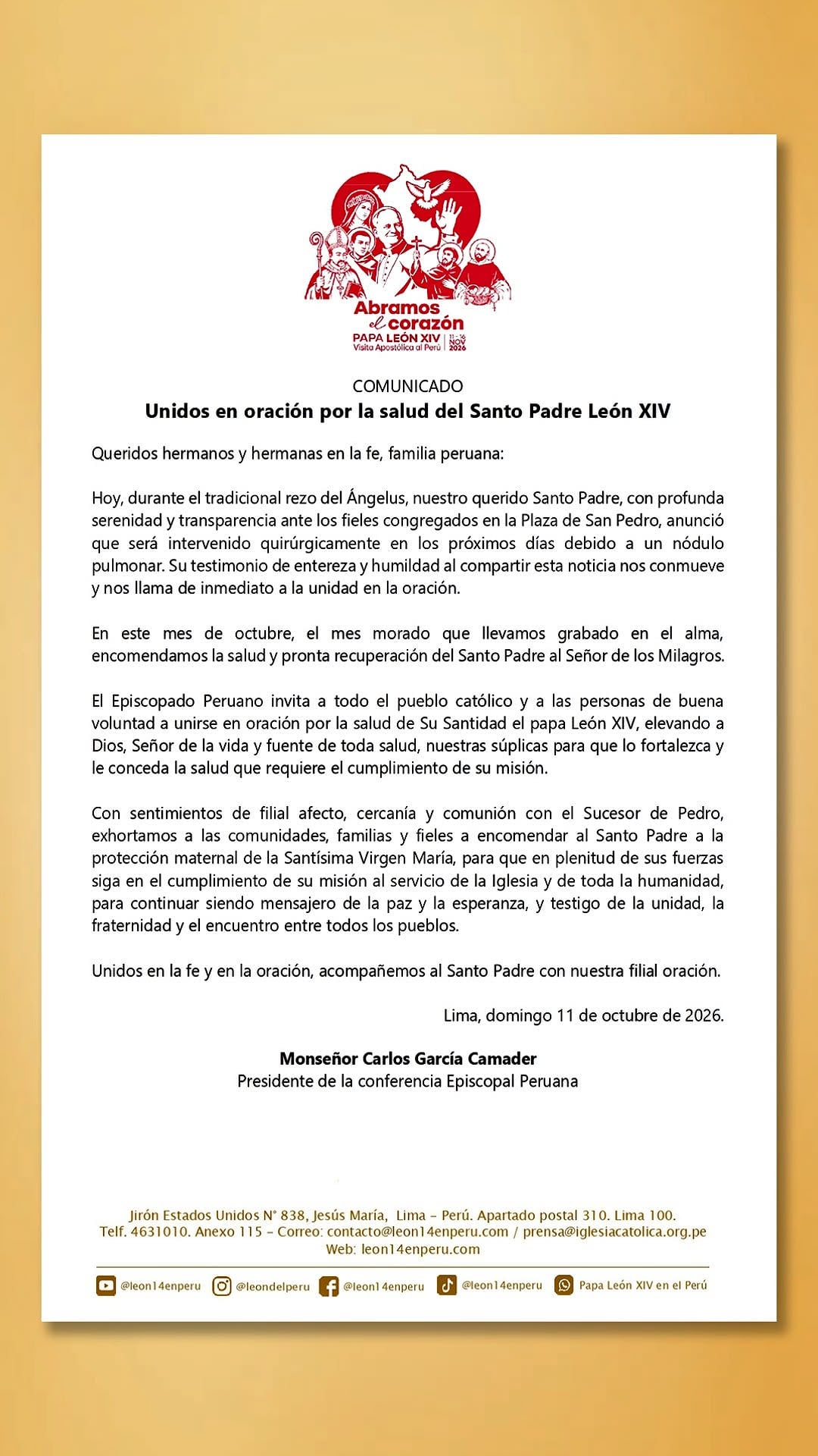 Comunicado de la Conferencia Episcopal Peruana (CPE).