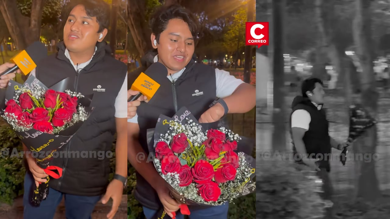 El muchacho se volvió tendencia en redes tras ser captado esperando con un ramo de rosas hasta la madrugada en un parque de Miraflores, en Lima. (Imágenes de Arroz con mango de Tiktok)