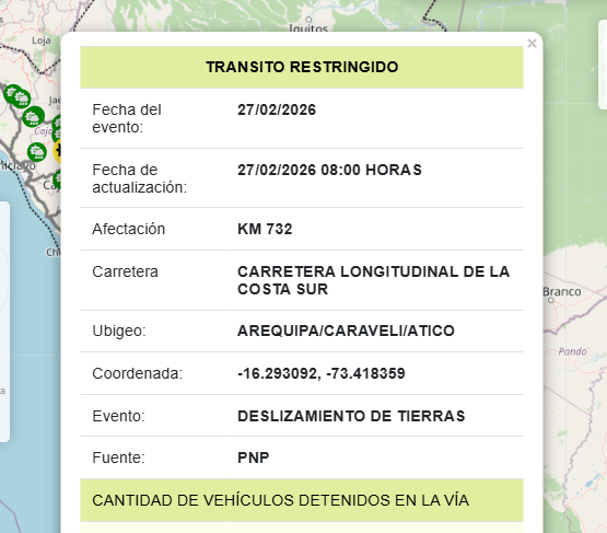 Tránsito restringido en la Panamericana Sur, según la SUTRAN