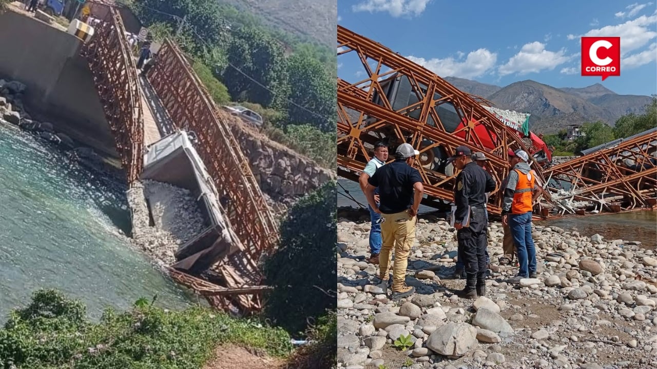 Apurímac: Puente Pampatama colapsa y deja dos volquetes atrapados entre los restos de la estructura. Composición: Diario Correo.