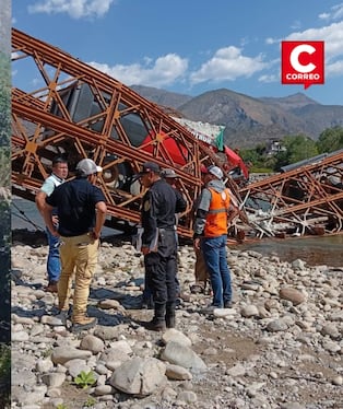 Apurímac: Puente Pampatama colapsa y deja dos volquetes atrapados entre los restos de la estructura. Composición: Diario Correo.