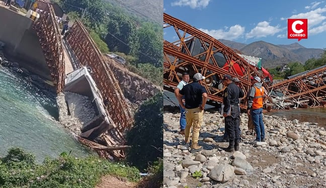 Apurímac: Puente Pampatama colapsa y deja dos volquetes atrapados entre los restos de la estructura. Composición: Diario Correo.