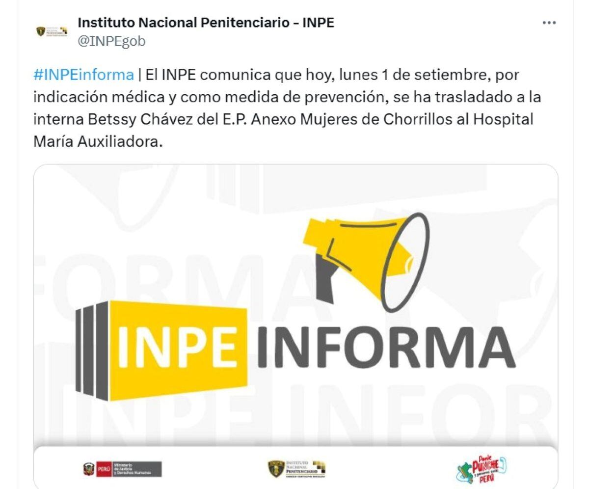 El INPE informó que el traslado de Betssy Chávez al Hospital María Auxiliadora respondió a una indicación médica preventiva. Foto: INPE.