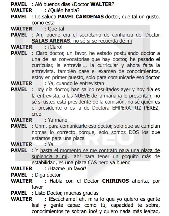 Cárdenas se presentó ante Walter Ríos, en una comunicación recogida por la Fiscalía, como el "secretario de confianza del Doctor Salas Arenas". (Correo)