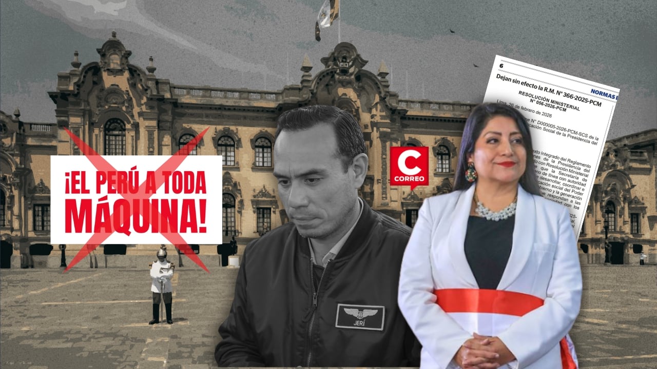 PCM oficializa retiro del eslogan institucional “¡El Perú a toda máquina!” de la imagen del Ejecutivo. Composición: Diario Correo.