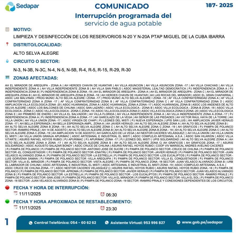Corte de agua en 8 distritos de Arequipa.