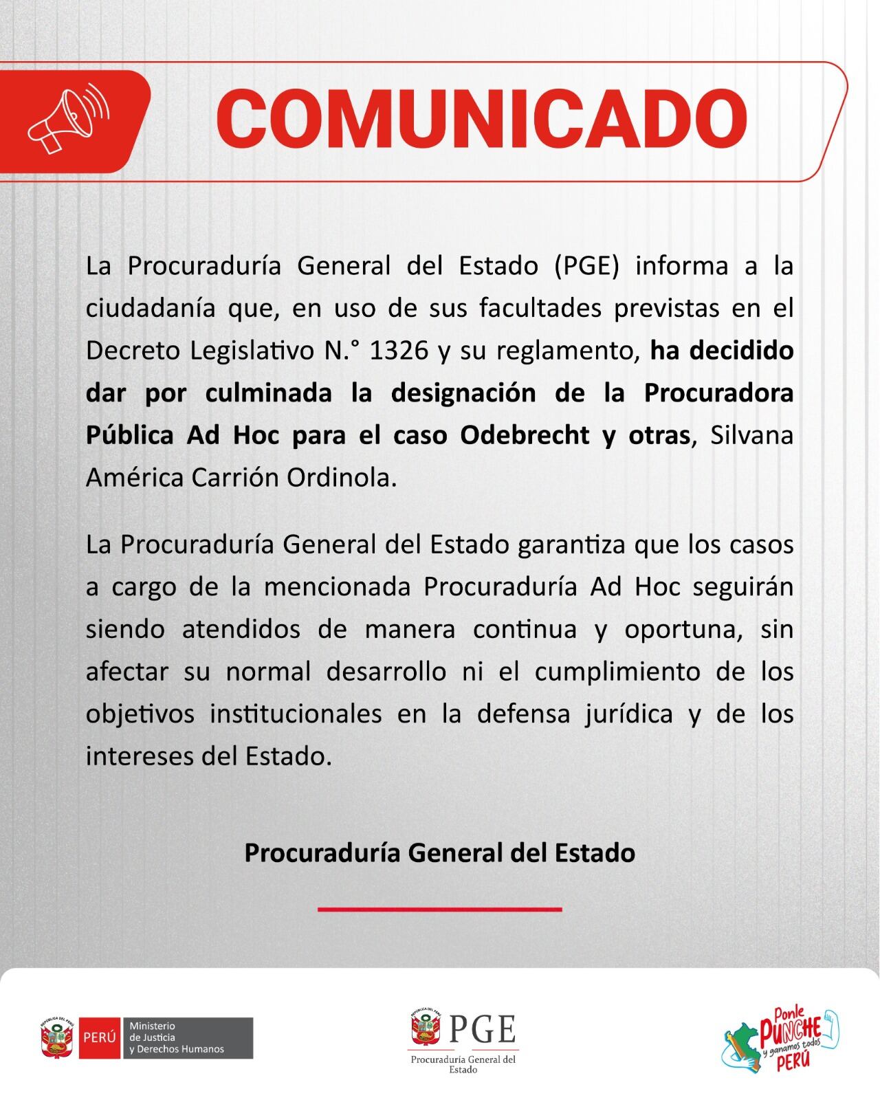 Comunicado sobre Silvana Carrión removida del cargo de procuradora ad hoc Lava Jato.